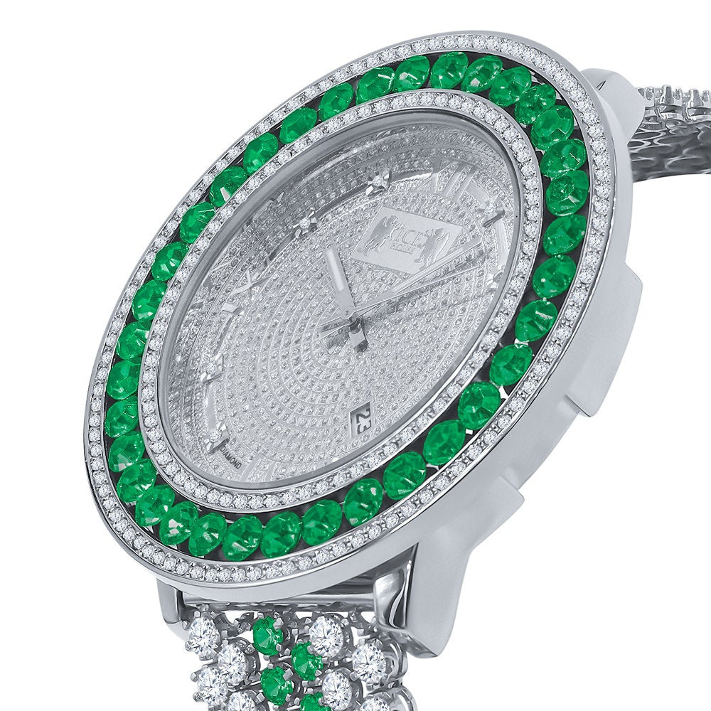 Green Solitaire Jo Rodeo Khronos Mens Diamond Dial Watch Roman Numeral Face White Gold Finish W/Date