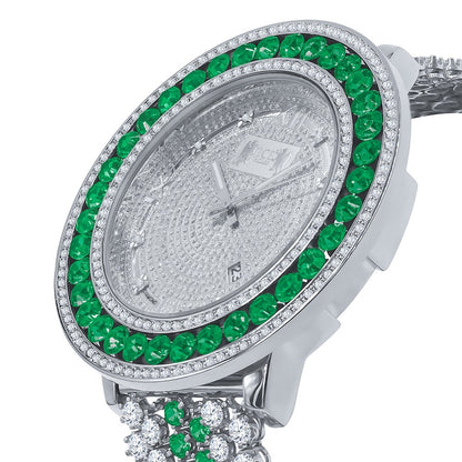 Green Solitaire Jo Rodeo Khronos Mens Diamond Dial Watch Roman Numeral Face White Gold Finish W/Date