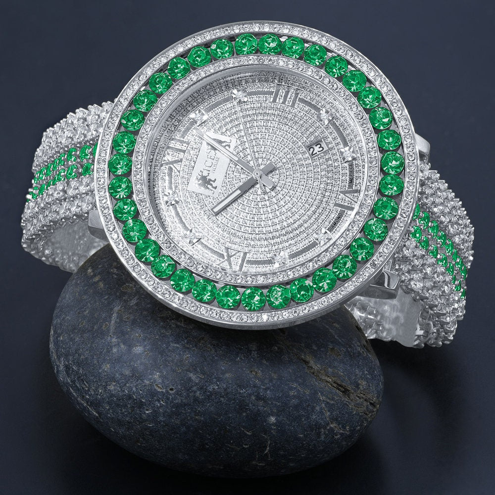 Green Solitaire Jo Rodeo Khronos Mens Diamond Dial Watch Roman Numeral Face White Gold Finish W/Date
