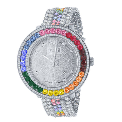 Rainbow Solitaire Jo Rodeo Khronos Mens Diamond Dial Watch Roman Numeral Face White Gold Finish W/Date