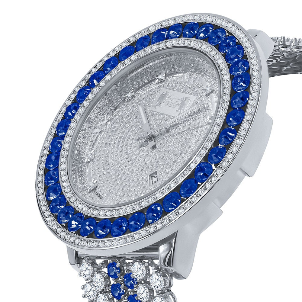 Mens Diamond Dial Watch Green Solitaire Jo Rodeo Khronos Roman Numeral Face White Gold Finish W/Date