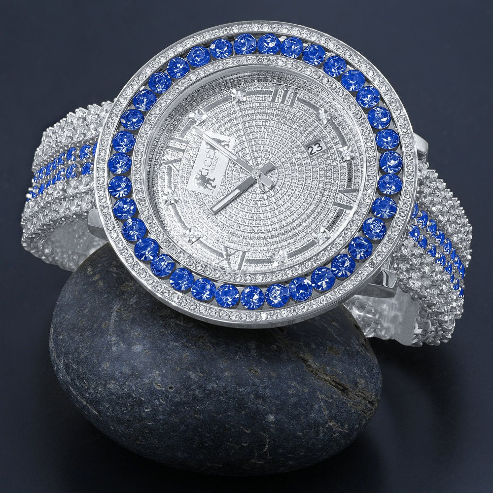 Mens Diamond Dial Watch Green Solitaire Jo Rodeo Khronos Roman Numeral Face White Gold Finish W/Date
