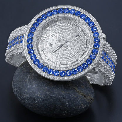 Mens Diamond Dial Watch Green Solitaire Jo Rodeo Khronos Roman Numeral Face White Gold Finish W/Date
