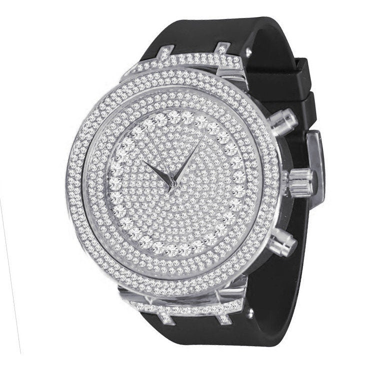 14k White Gold Finish Full Iced Out Dial Simulated Diamonds Men's Wrist Watch 48mm