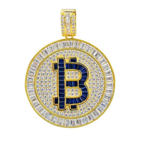 Real Italian Sterling Silver  Baguette Simulated Diamonds 14K Gold Finish Bitcoin Money Round Pendant Charm Unisex