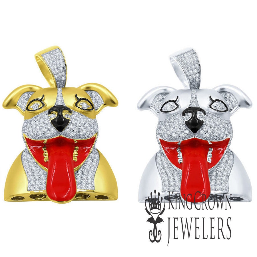 Mens Real Sterling Silver 14K Gold Finish SnapchatDog Pendant Simulated Diamonds Custom Charm