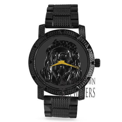 Mens Simulated  Diamond Jesus Face Dial Stainless Steel Back Metal Band Custom Watch Water Resistant 45mm