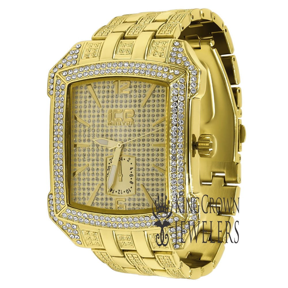Mens Square Dial Solid Steel Back Yellow Gold Finish Simulated Diamond Metal Band Watch 44mm