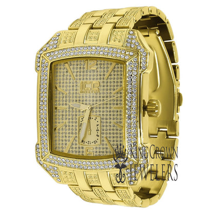 Mens Square Dial Solid Steel Back Yellow Gold Finish Simulated Diamond Metal Band Watch 44mm
