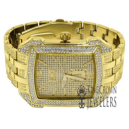 Mens Square Dial Solid Steel Back Yellow Gold Finish Simulated Diamond Metal Band Watch 44mm