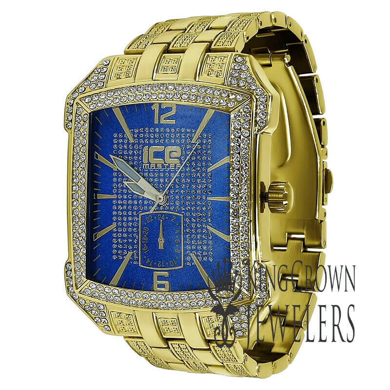Blue Dial Square Face Solid Steel Back Yellow Gold Finish Simulated Diamond Metal Band Watch 44mm