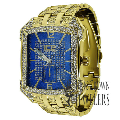 Blue Dial Square Face Solid Steel Back Yellow Gold Finish Simulated Diamond Metal Band Watch 44mm