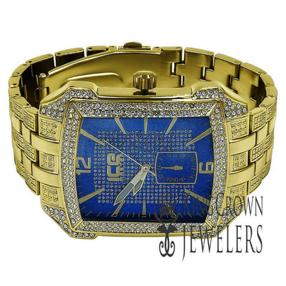 Blue Dial Square Face Solid Steel Back Yellow Gold Finish Simulated Diamond Metal Band Watch 44mm