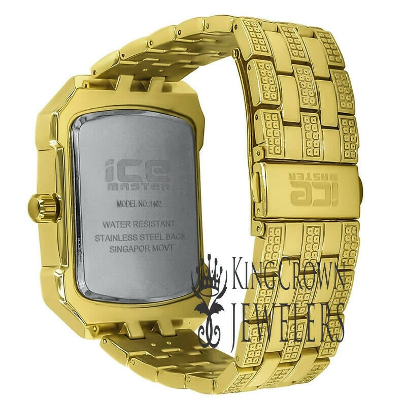 Blue Dial Square Face Solid Steel Back Yellow Gold Finish Simulated Diamond Metal Band Watch 44mm