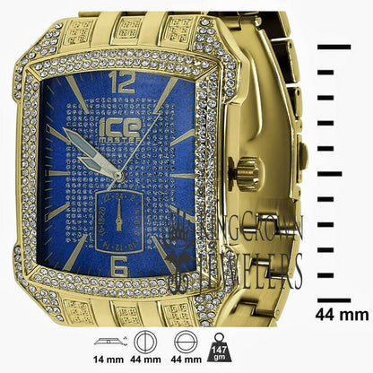 Blue Dial Square Face Solid Steel Back Yellow Gold Finish Simulated Diamond Metal Band Watch 44mm