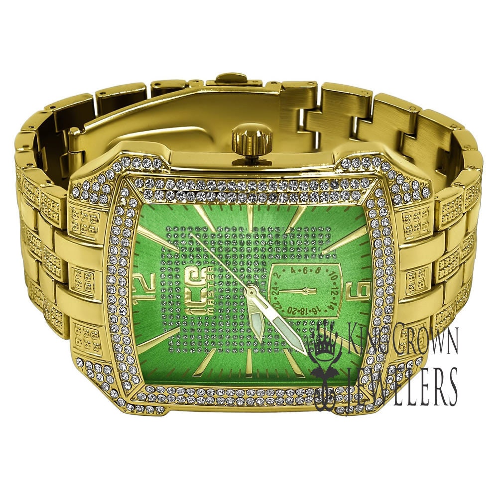 Green Dial Square Face Solid Steel Back Yellow Gold Finish Simulated Diamond Metal Band Watch 44mm