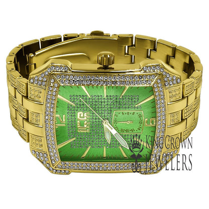 Green Dial Square Face Solid Steel Back Yellow Gold Finish Simulated Diamond Metal Band Watch 44mm