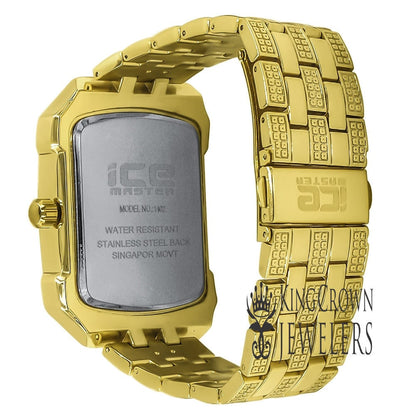 Green Dial Square Face Solid Steel Back Yellow Gold Finish Simulated Diamond Metal Band Watch 44mm