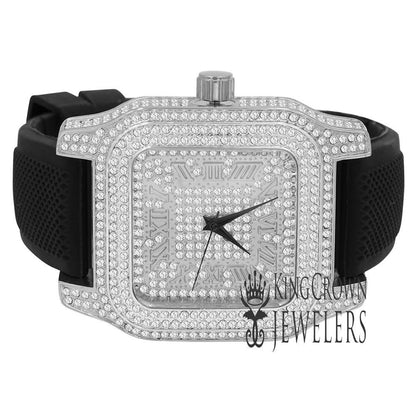 Square Face Mens 14k White Gold Tone Ice Master Simulated Diamonds Solid Steel Back Water Resistance Wrist Watch