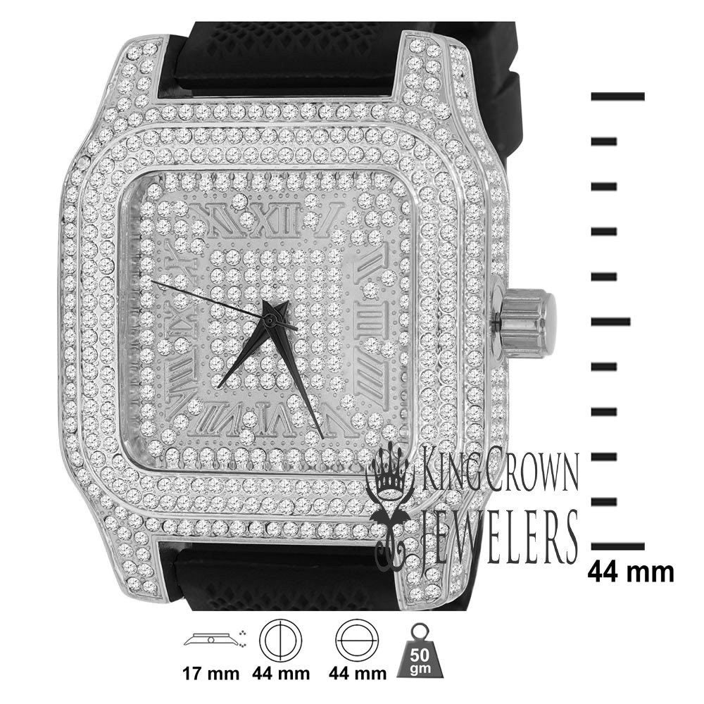 Square Face Mens 14k White Gold Tone Ice Master Simulated Diamonds Solid Steel Back Water Resistance Wrist Watch