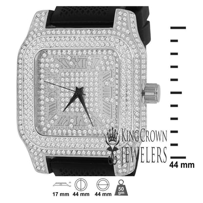 Square Face Mens 14k White Gold Tone Ice Master Simulated Diamonds Solid Steel Back Water Resistance Wrist Watch