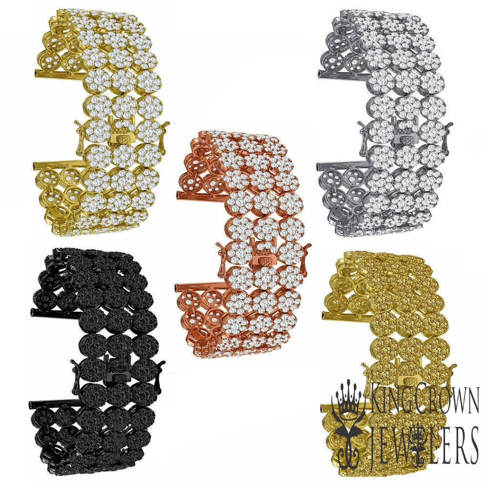 Mens 14K Gold Finish Simulated Diamond Flower Cluster Replacement Watch Band Bracelet 24mm
