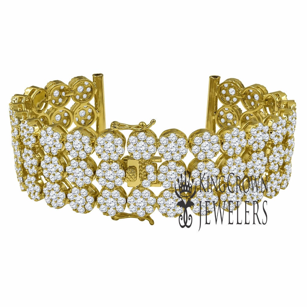 Mens 14K Gold Finish Simulated Diamond Flower Cluster Replacement Watch Band Bracelet 24mm