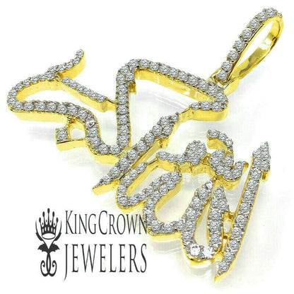 14K Yellow Gold On Real Sterling Silver Allahu Akbar Muslim Pendant Simulated Diamond Islamic Arabic Charm