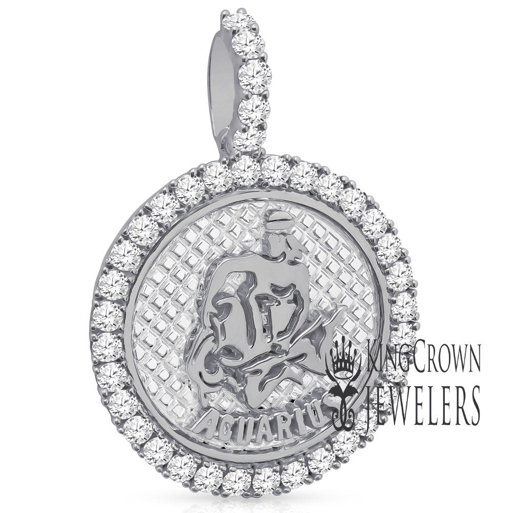 Real Genuine Sterling Silver 14K White Gold On Zodiac Sign Astrology Horoscope Round Pendant 2.00 Cwt. Simulated Diamond Charm Chain Set
