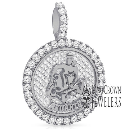 Real Genuine Sterling Silver 14K White Gold On Zodiac Sign Astrology Horoscope Round Pendant 2.00 Cwt. Simulated Diamond Charm Chain Set