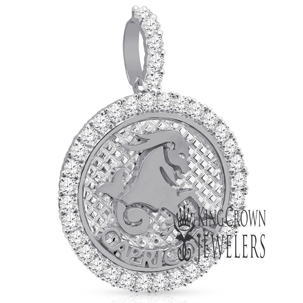 Real Genuine Sterling Silver 14K White Gold On Zodiac Sign Astrology Horoscope Round Pendant 2.00 Cwt. Simulated Diamond Charm Chain Set