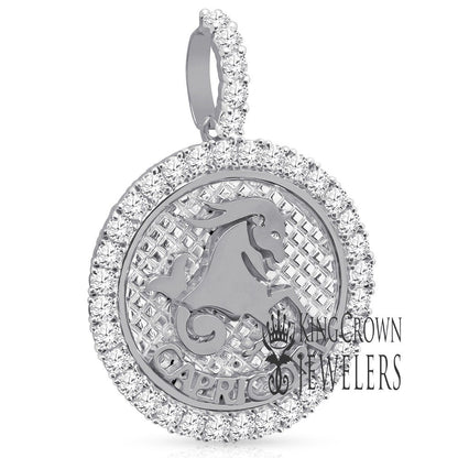 Real Genuine Sterling Silver 14K White Gold On Zodiac Sign Astrology Horoscope Round Pendant 2.00 Cwt. Simulated Diamond Charm Chain Set
