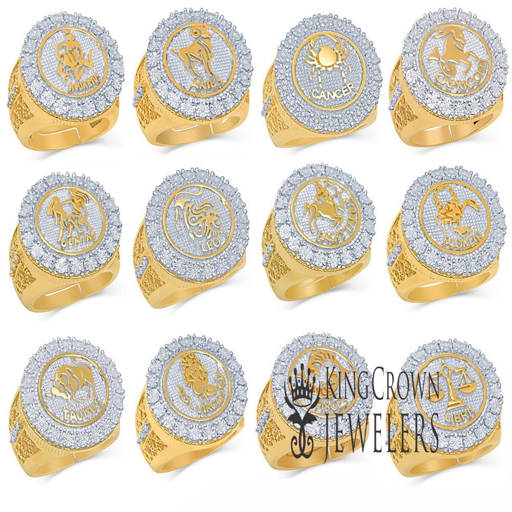 14K Gold On Real Genuine Sterling Silver 2.00 Cwt. Simulated Diamond Zodiac Sign Astrology Horoscope Ring Band (Adjustable Size 10 Up To 12)