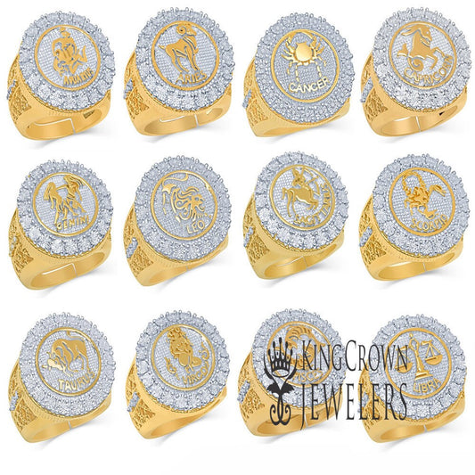 14K Gold On Real Genuine Sterling Silver 2.00 Cwt. Simulated Diamond Zodiac Sign Astrology Horoscope Ring Band (Adjustable Size 10 Up To 12)