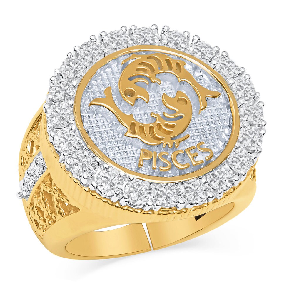 14K Gold On Real Genuine Sterling Silver 2.00 Cwt. Simulated Diamond Zodiac Sign Astrology Horoscope Ring Band (Adjustable Size 10 Up To 12)