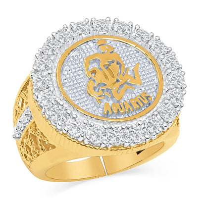 14K Gold On Real Genuine Sterling Silver 2.00 Cwt. Simulated Diamond Zodiac Sign Astrology Horoscope Ring Band (Adjustable Size 10 Up To 12)
