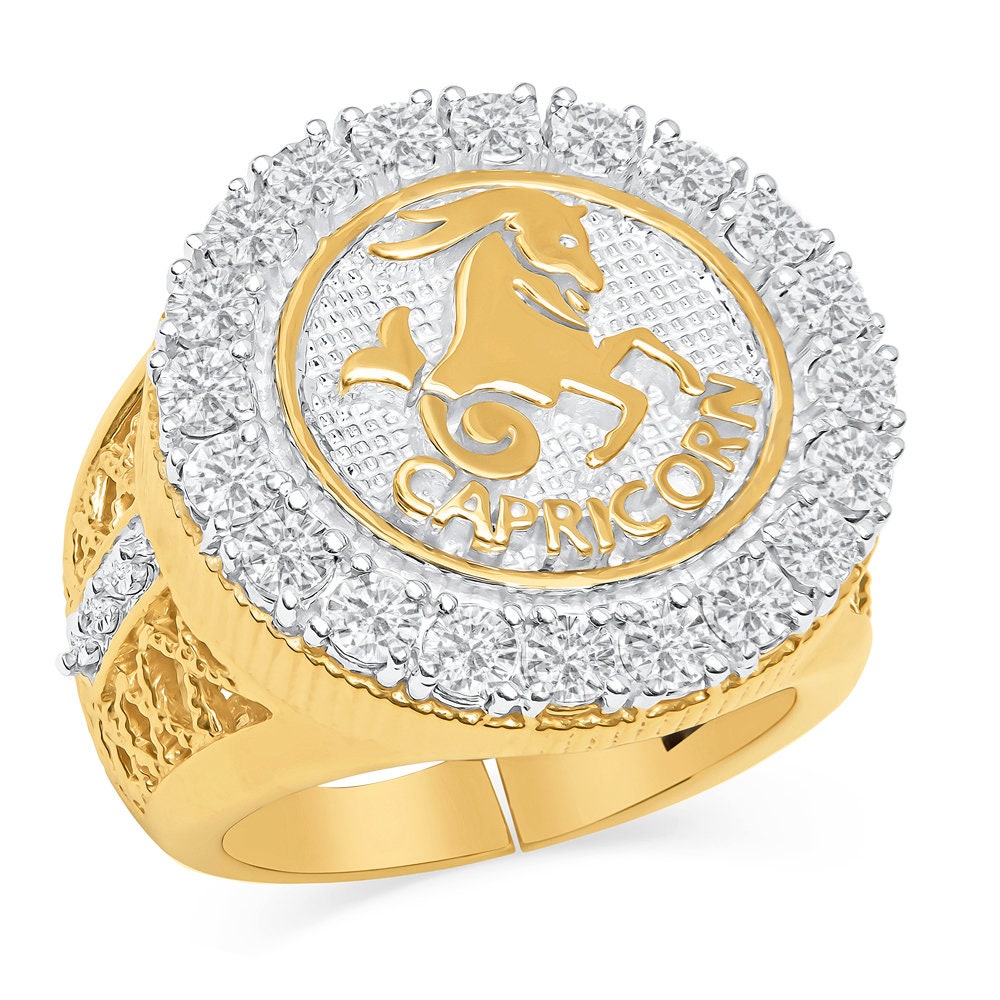 14K Gold On Real Genuine Sterling Silver 2.00 Cwt. Simulated Diamond Zodiac Sign Astrology Horoscope Ring Band (Adjustable Size 10 Up To 12)