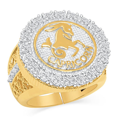 14K Gold On Real Genuine Sterling Silver 2.00 Cwt. Simulated Diamond Zodiac Sign Astrology Horoscope Ring Band (Adjustable Size 10 Up To 12)