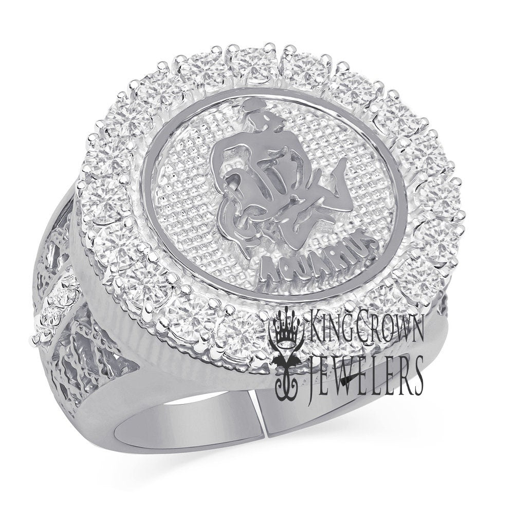 Men's 14K White Gold Over Real Genuine Sterling Silver 2.00 Cwt. Simulated Diamond Zodiac Sign Astrology Horoscope Adjustable Size Ring Band