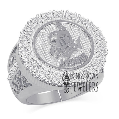 Men's 14K White Gold Over Real Genuine Sterling Silver 2.00 Cwt. Simulated Diamond Zodiac Sign Astrology Horoscope Adjustable Size Ring Band