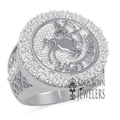 Men's 14K White Gold Over Real Genuine Sterling Silver 2.00 Cwt. Simulated Diamond Zodiac Sign Astrology Horoscope Adjustable Size Ring Band