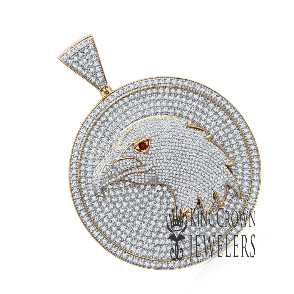 Exclusive Custom Piece Mens Real Yellow Gold Sterling Silver XL 3'' American Eagle Falcon Bird Pendant Medallion Charm