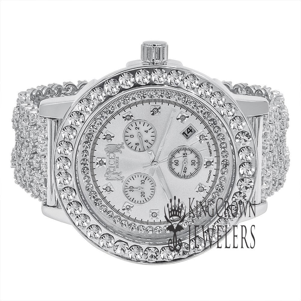 Mens Solitaire Bezel Real Genuine Diamond Dial White Gold Tone Iced Out  Custom Band Watch W/Date Function