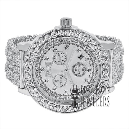 Mens Solitaire Bezel Real Genuine Diamond Dial White Gold Tone Iced Out  Custom Band Watch W/Date Function