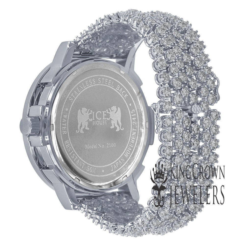 Mens Solitaire Bezel Real Genuine Diamond Dial White Gold Tone Iced Out  Custom Band Watch W/Date Function
