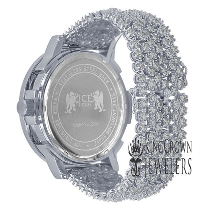 Mens Solitaire Bezel Real Genuine Diamond Dial White Gold Tone Iced Out  Custom Band Watch W/Date Function