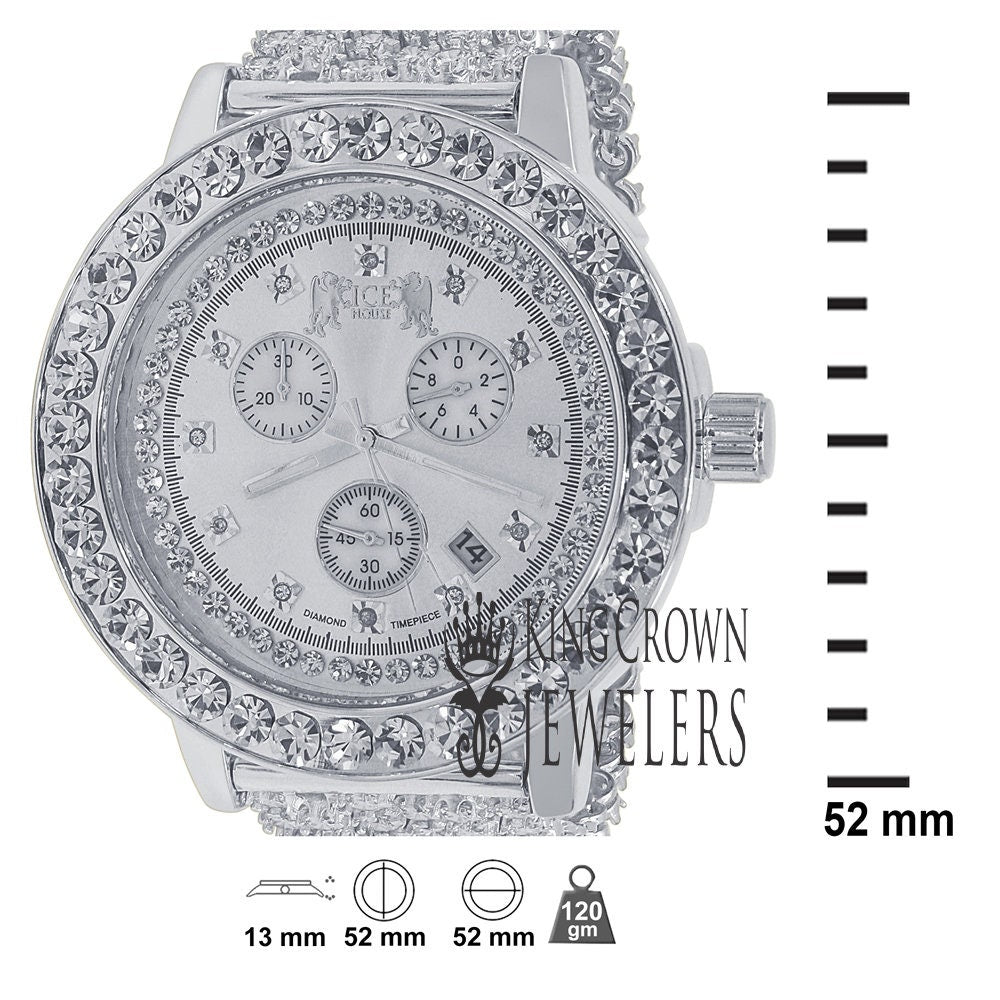 Mens Solitaire Bezel Real Genuine Diamond Dial White Gold Tone Iced Out  Custom Band Watch W/Date Function