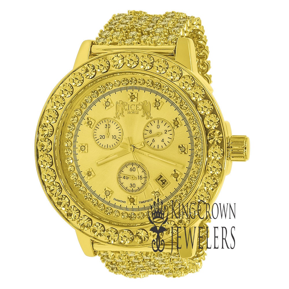 Gold Canary Tone Mens Solitaire Bezel Real Genuine Diamond Dial Iced Out Custom Band Watch W/Date Function