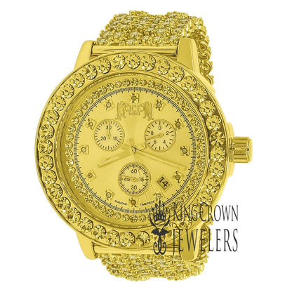 Gold Canary Tone Mens Solitaire Bezel Real Genuine Diamond Dial Iced Out Custom Band Watch W/Date Function