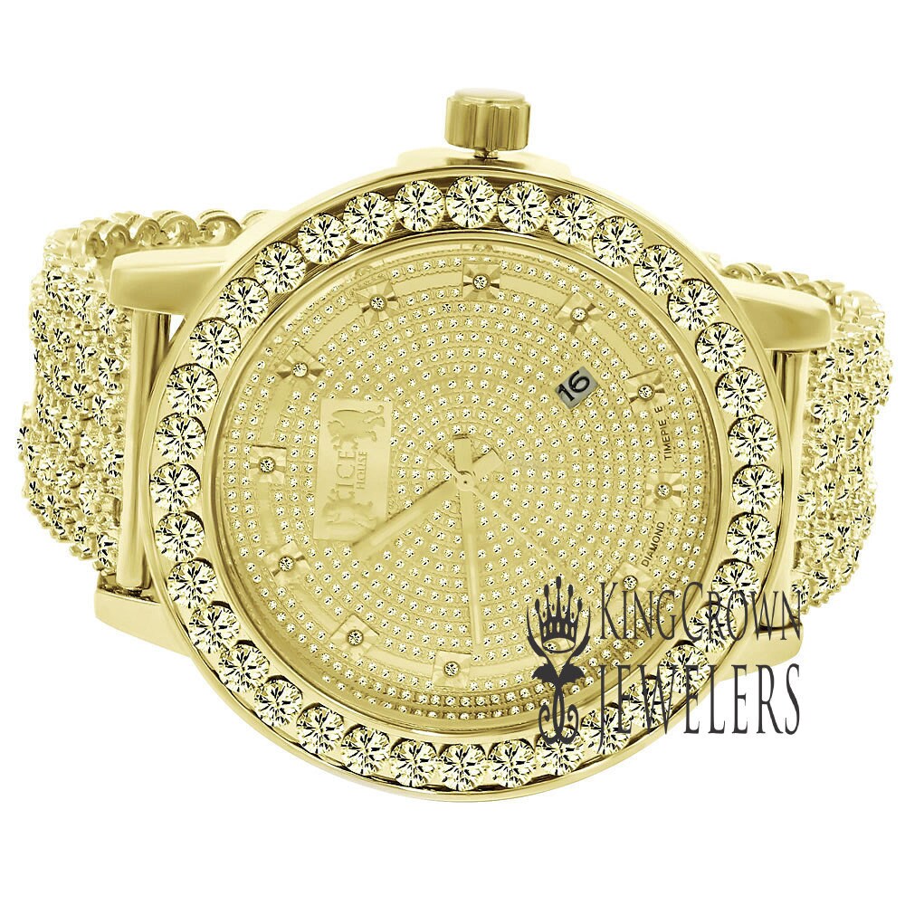 Analog Solitaire Bezel Real Diamond Dial Gold Canarey Tone Iced Out Custom Band Mens Luxury Solid Steel Back Watch W/Date